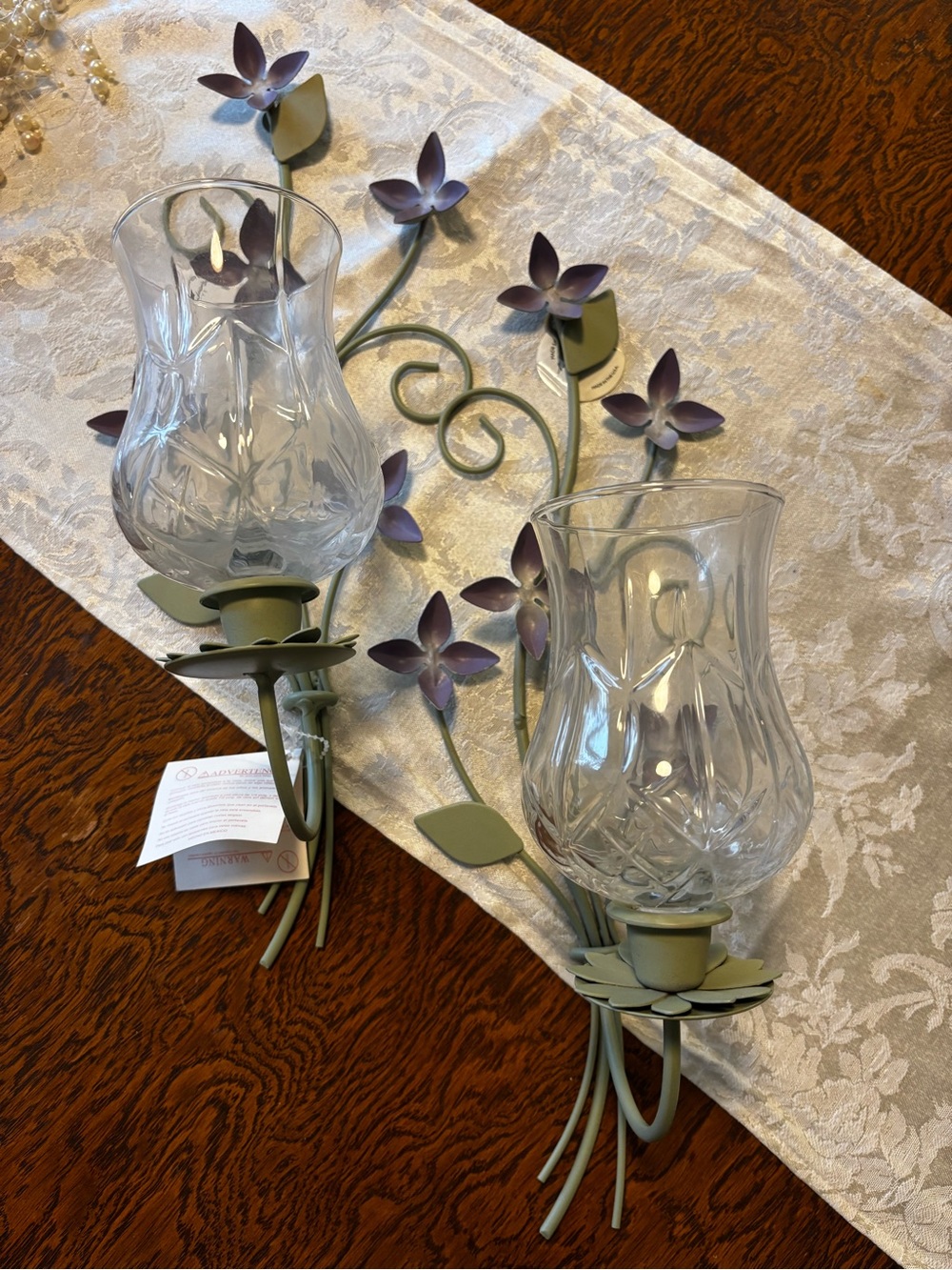 NEW. Home Interiors Green and Purple Floral Metal Wall Candle Sconces - Pair